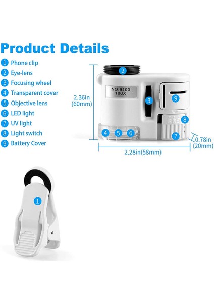 -100X Zoom Klipsli Mikroskop LED Işıklı, Taşınabilir Büyüteçli Cep Büyüteçli Mercek Camı