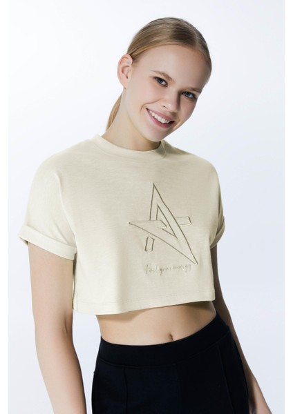 ED2307-05 Victoria Crop Organik Pamuk Genç Kız ve Kadın Tişört Ekru