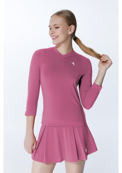 ED7755-11 Elena Dry-Touch V-Yaka Uzun Kollu Kadın Tenis , Koşu Üstü Gül Kurusu