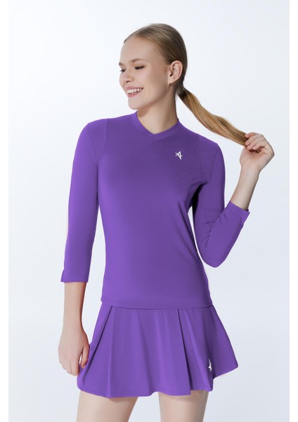 ED7755-12 Elena Dry-Touch V-Yaka Uzun Kollu Kadın Tenis , Koşu Üstü Mor