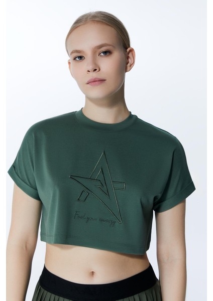 ED2307-01 Victoria Crop Pamuk Modal Genç Kız ve Kadın Tişört Haki