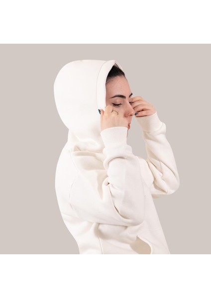 Ekru Kadın Hoodie, Kanguru Cepli, Kapüşonlu, 3 Iplik Kumaş indirimleri