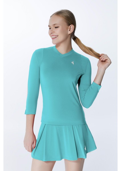 ED7755-13 Elena Dry-Touch V-Yaka Uzun Kollu Kadın Tenis , Koşu Üstü Aqua