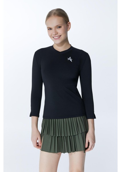 ED7755-06 Elena Dry-Touch V-Yaka Uzun Kollu Kadın Tenis , Koşu Üstü , Siyah