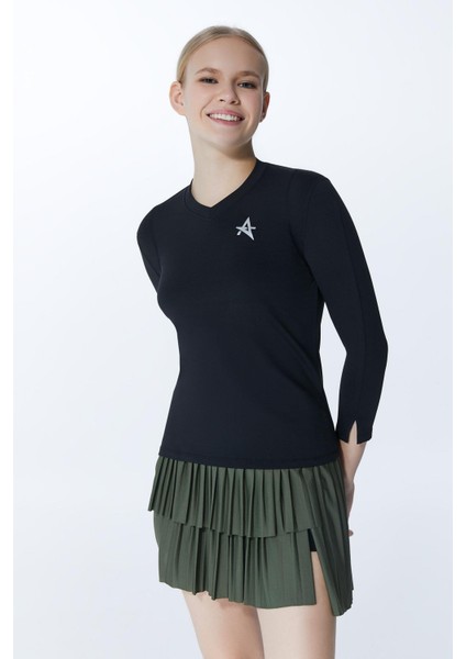 ED7755-06 Elena Dry-Touch V-Yaka Uzun Kollu Kadın Tenis , Koşu Üstü , Siyah fiyatları