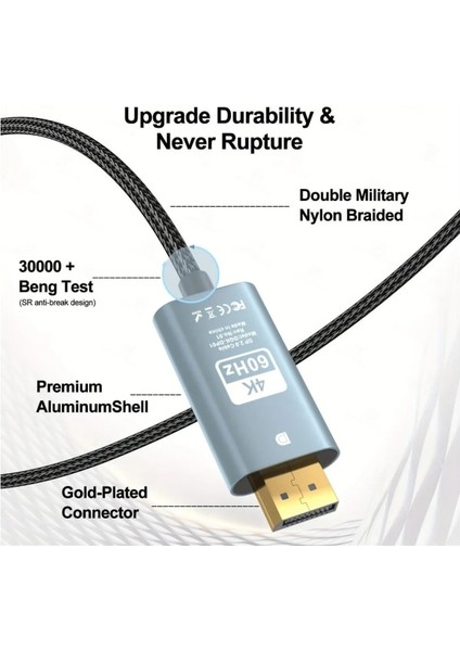 4K Displayport To HDMI Kablo – 4K 60Hz Görüntü ve Ses Desteği 2 Metre ZR890