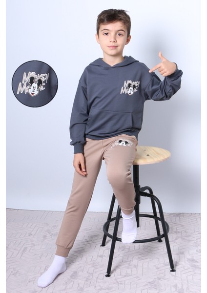 Erkek Çocuk Kapşonlu Eşofman Takımı Mickey Mouse Sırt Baskılı Ribanalı F3