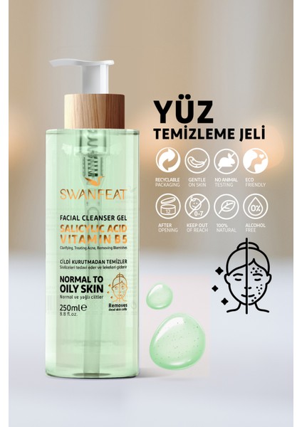 B5 Vitaminli Alkol İçermeyen Yüz Temizleme Jeli Yağlı ve Karma Ciltler Için