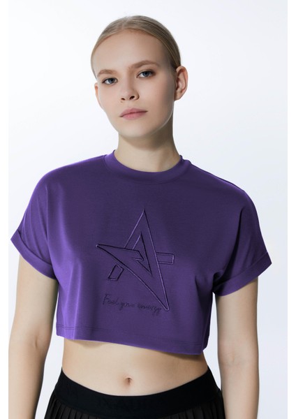 ED2307-07 Victoria Crop Cotton Modal Genç ve Kadın Tişört Mor