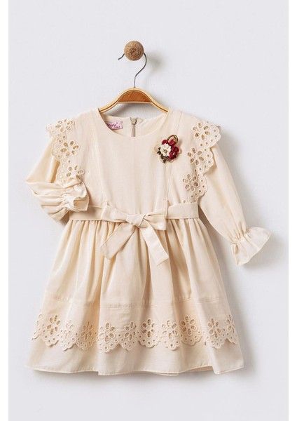 Brode Fırfır Detaylı Kız Çocuk elbise - Bej