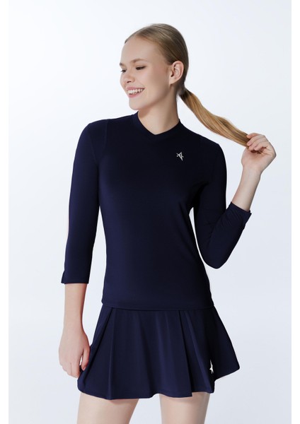 ED7755-07 Elena Dry-Touch V-Yaka Uzun Kollu Kadın Tenis , Koşu Üstü Lacivert