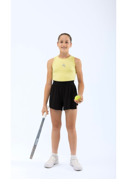 Ed 2349-06 Tamara Dry-Touch Piliseli Kız Çocuk Şort Siyah (Tenis, Koşu, Pilates, Yoga, Pickleball)