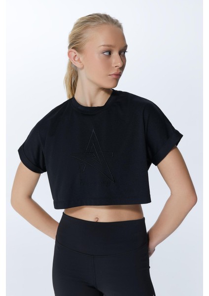 ED2307-02 Victoria Crop Pamuk Modal Genç Kız ve Kadın Tişört Siyah