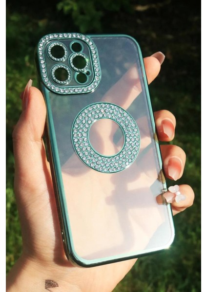 iphone 12 Pro Max Kılıf Kamera Korumalı Taşlı Parlak Logo Açık Seffaf Kadın Kapak