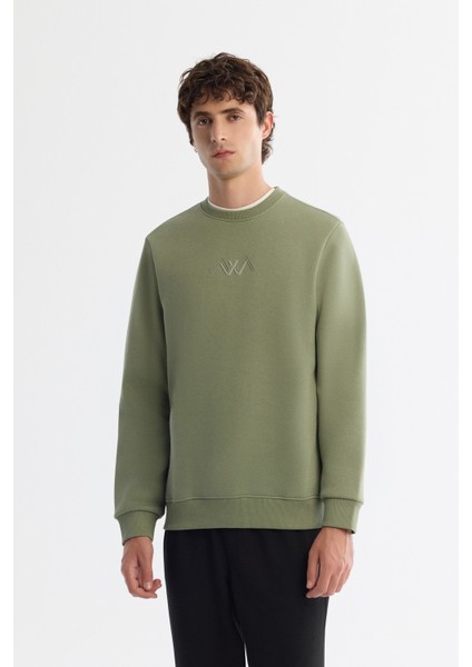 Erkek Yeşil Bisiklet Yaka Içi 3 Iplik Şardonlu Sweatshirt B001033
