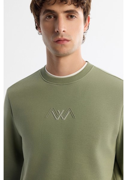 Erkek Yeşil Bisiklet Yaka Içi 3 Iplik Şardonlu Sweatshirt B001033