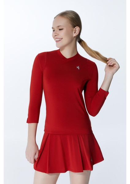 ED7755-04 Elena Dry-Touch V-Yaka Uzun Kollu Kadın Tenis , Koşu Üstü , Kırmızı