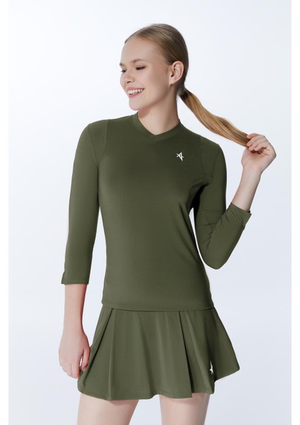 ED7755-08 Elena Dry-Touch V-Yaka Uzun Kollu Kadın Tenis , Koşu Üstü Haki