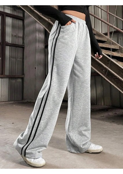 Siyah Çift Şeritli Kadın Bol Paça Eşofman Altı