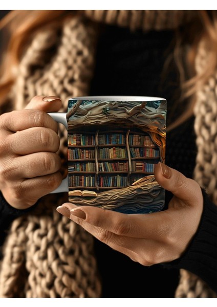 Mağara ve Ağaç Içi Kitaplık Kütüphane Baskılı 3D Tasarım Seramik Kupa Mug - Hediyelik