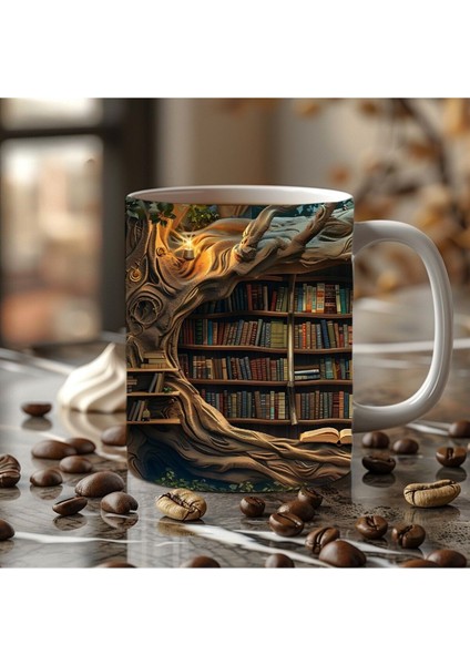 Mağara ve Ağaç Içi Kitaplık Kütüphane Baskılı 3D Tasarım Seramik Kupa Mug - Hediyelik fiyatları