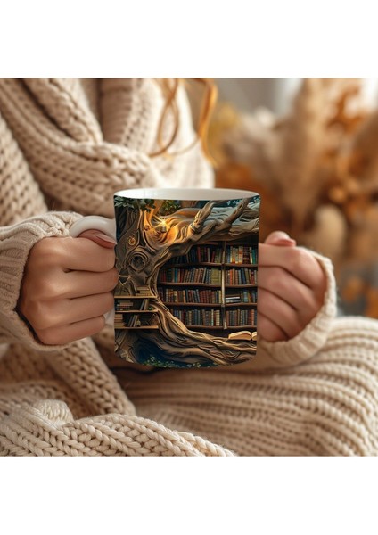 Mağara ve Ağaç Içi Kitaplık Kütüphane Baskılı 3D Tasarım Seramik Kupa Mug - Hediyelik modelleri
