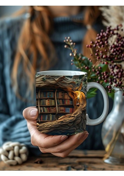 Mağara ve Ağaç Içi Kitaplık Kütüphane Baskılı 3D Tasarım Seramik Kupa Mug - Hediyelik fırsatları