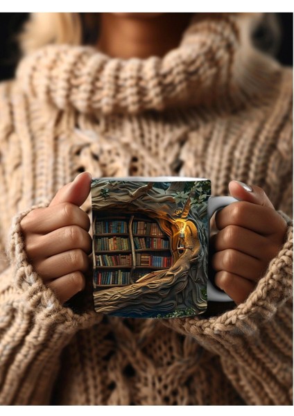 Mağara ve Ağaç Içi Kitaplık Kütüphane Baskılı 3D Tasarım Seramik Kupa Mug - Hediyelik indirimleri