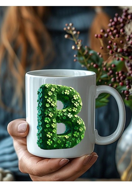 Yonca Çim Şeklinde Harf Kişiye Özel 3 Boyutlu Tasarım Seramik Kupa Mug