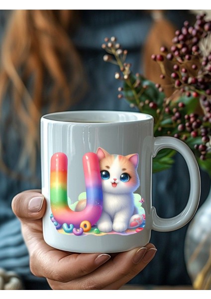 Kedili Harf Şeklinde Kişiye Özel 3 Boyutlu Tasarım Seramik Kupa Mug