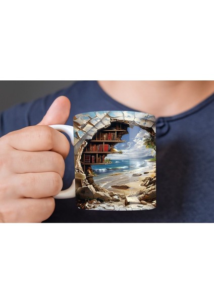 Kitaplık Kütüphane Baskılı 3D Tasarım Seramik Kupa Mug fiyatları