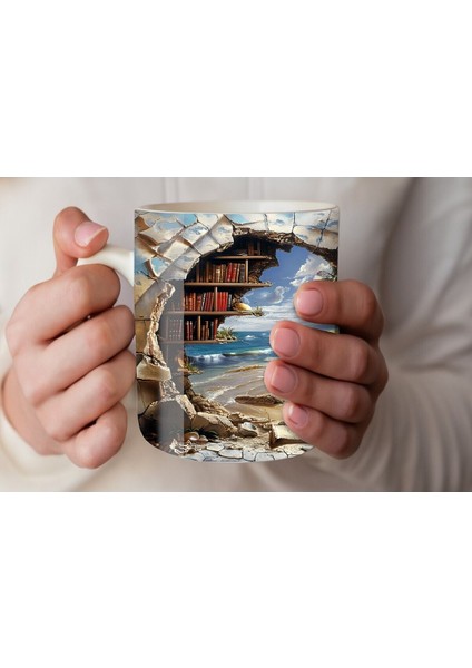 Kitaplık Kütüphane Baskılı 3D Tasarım Seramik Kupa Mug modelleri