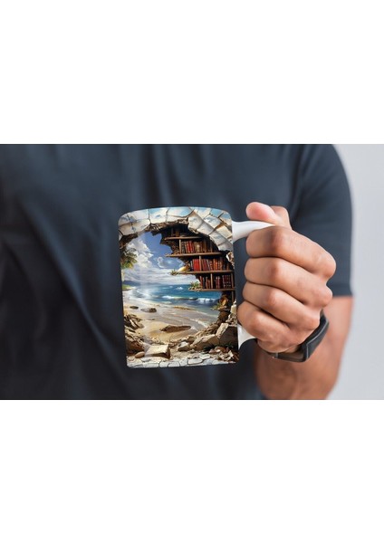 Kitaplık Kütüphane Baskılı 3D Tasarım Seramik Kupa Mug indirimleri