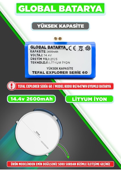 Tefal Explorer Serie 60 Uyumlu Akıllı Robot Süpürge Bataryası 14.4V 3200MAH Pil (Ultra Kapasite)