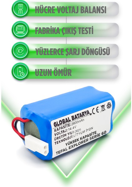 Tefal Explorer Serie 60 Uyumlu Akıllı Robot Süpürge Bataryası 14.4V 3200MAH Pil (Ultra Kapasite) modelleri
