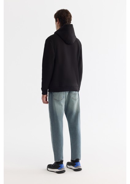 Erkek Siyah Kapüşonlu 3 İplik Şardonlu Regular Fit Sweatshirt B001103