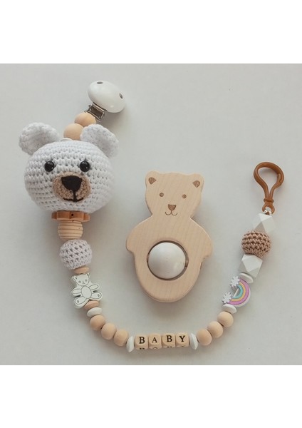 Hoşgeldin Bebek, Unisex, Yenidoğan Bebek, Beyaz Örgü Ayıcık, Battaniyeli Isimli Emzik Askısı Hediye Seti modelleri