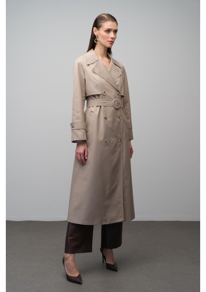 Reglan Kol Kruvaze Su Itici Özellikli Astarlı Uzun Trençkot Taş 6642 fırsatları