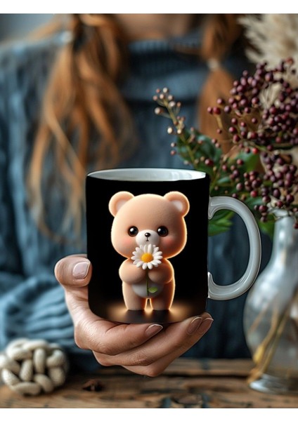 Papatya Tutan Sevimli Hayvan Temalı 3 Boyutlu Tasarım Seramik Kupa Mug fırsatları