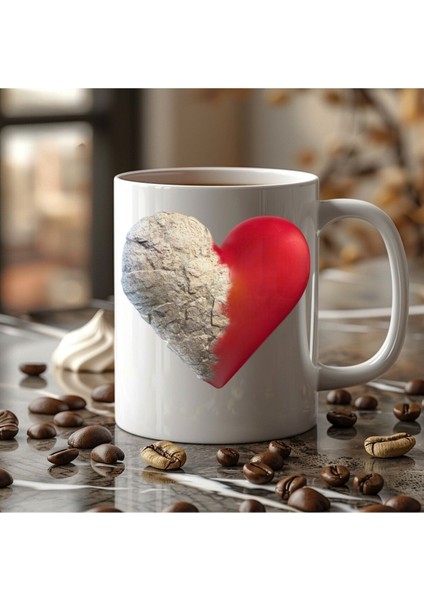 Kırık Kalp , Taş Kalpli Şekillerinde 3 Boyutlu Tasarım Seramik Kupa Mug