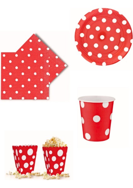 Doğum Günü Tabak, Bardak, Peçete ve Mısır Kutusu Seti Kırmızı Puantiyeli