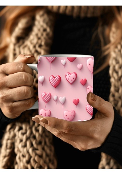 Kalp Baskılı 3D Tasarım Seramik Kupa Mug - Kupa Bardak