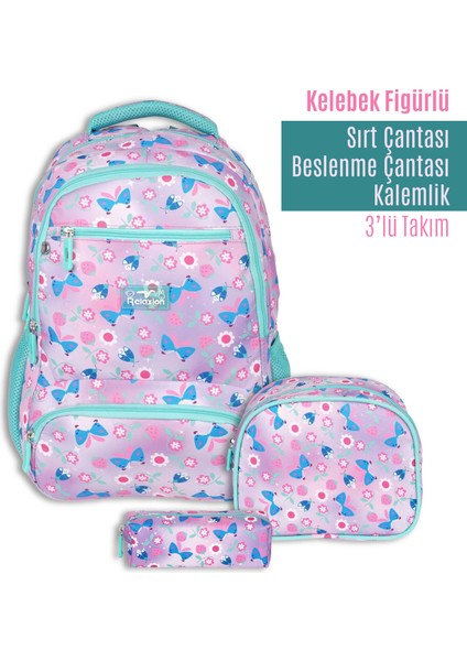 Üçlü Set Çanta (Çanta-Beslenme-Kalemlik)-Kelebek