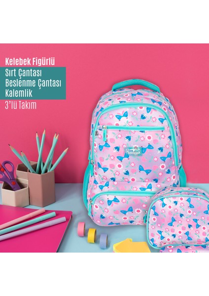 Üçlü Set Çanta (Çanta-Beslenme-Kalemlik)-Kelebek