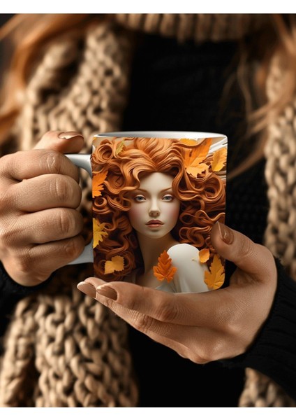 Sonbahar Yaprak ve Kadın Temalı 3 Boyutlu Tasarım Seramik Kupa Mug