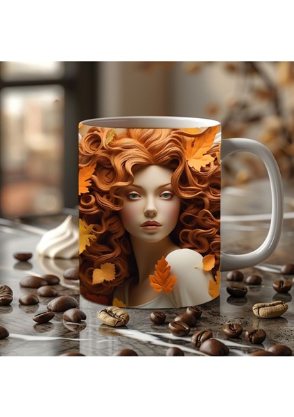 Sonbahar Yaprak ve Kadın Temalı 3 Boyutlu Tasarım Seramik Kupa Mug fiyatları