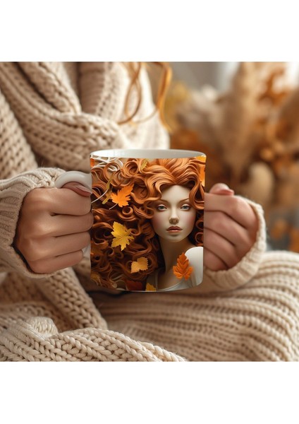 Sonbahar Yaprak ve Kadın Temalı 3 Boyutlu Tasarım Seramik Kupa Mug modelleri