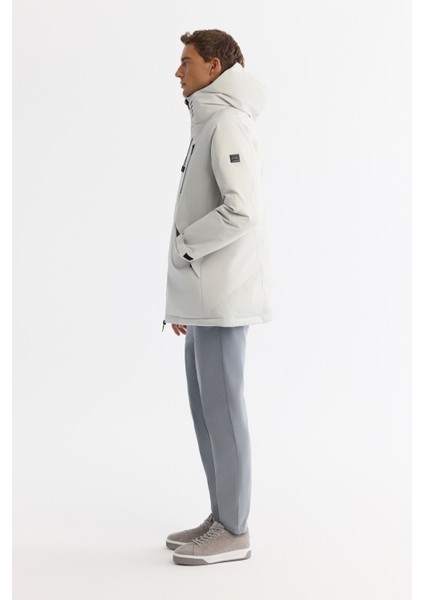 Erkek Açık Gri Kapüşonlu Su İtici Rüzgar Geçirmez Kaz Tüyü Comfort Fit Mont A42Y6044