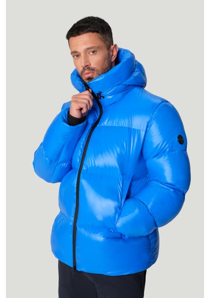 Erkek Saks Kapüşonlu Kaz Tüyü Su İtici Rüzgar Geçirmez -20 Dereceye Dayanıklı Parlak Şişme Comfort Fit Mont A42Y6182