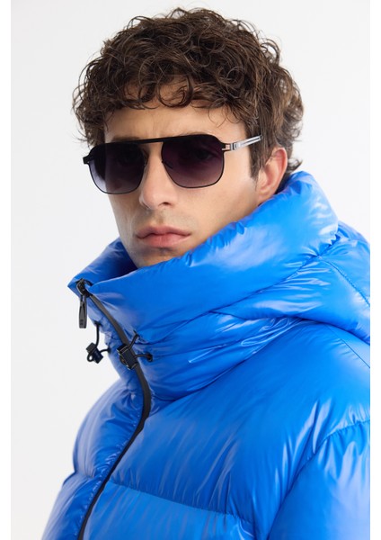 Erkek Saks Kapüşonlu Kaz Tüyü Su İtici Rüzgar Geçirmez -20 Dereceye Dayanıklı Parlak Şişme Comfort Fit Mont A42Y6182